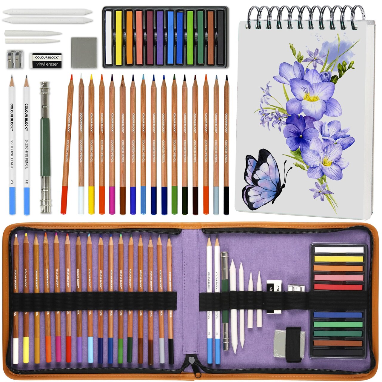 Drawing Travel Art Set - 60 sheets 6 x 8 Inches Drawing Pad,16 Drawing Colored Pencils Set, 12 Soft Pastels Set, 2 Sketching Pencils, and 8 Assorted Tools for School Supply